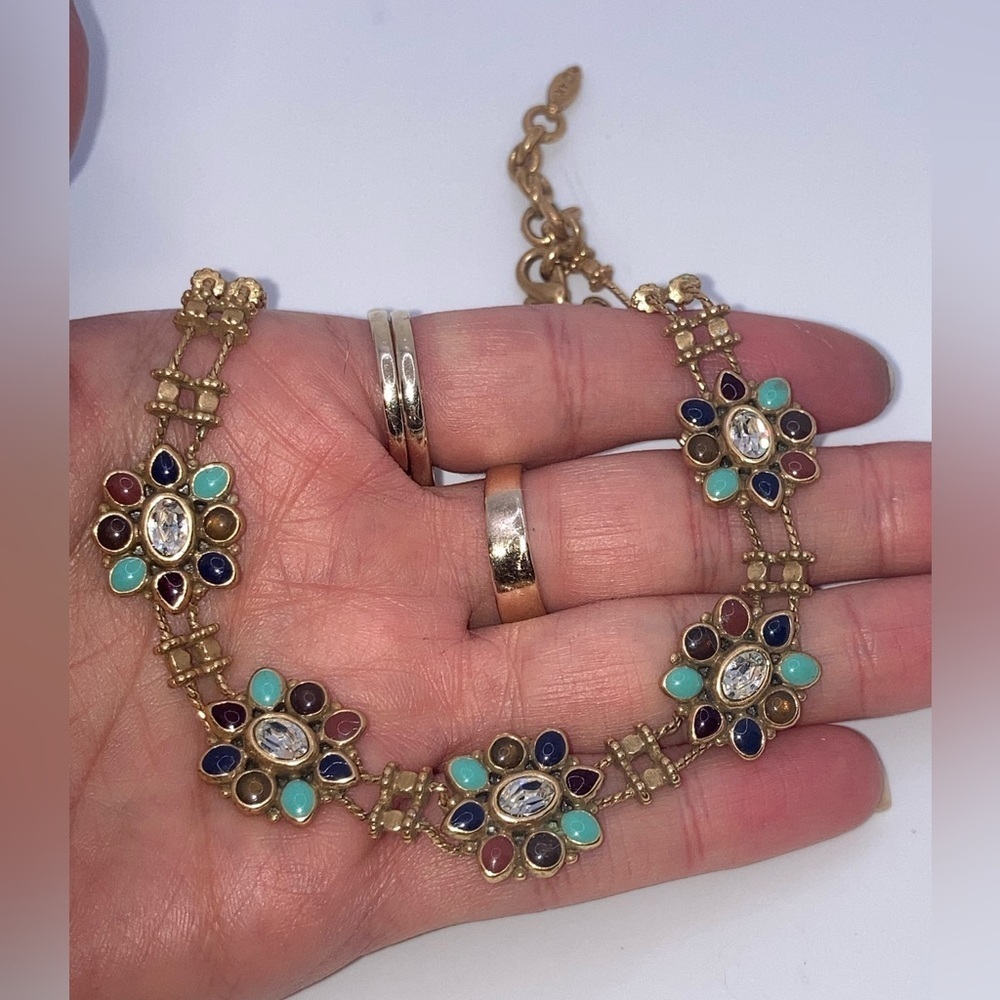 Vtg 80s AK Anne Klein Flower Cabochon Rhinestone Brass Metal Necklace 16” + 1.5” - Picture 6 of 10
